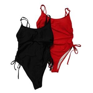 Lot of 2 Womens One Piece Swimsuit Ruched Side Scoop Neck Black Red Size XL
